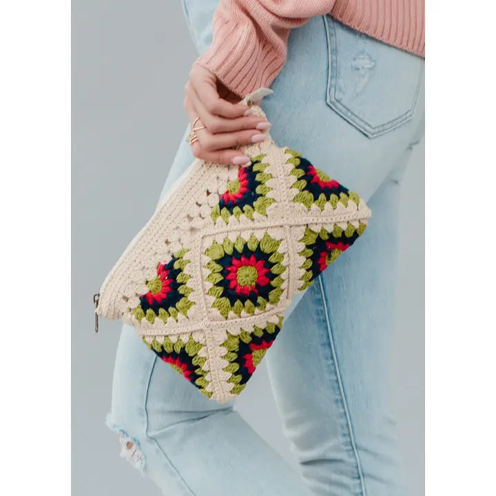 Vintage Crochet Granny Square Clutch — Handmade Boho Bag
