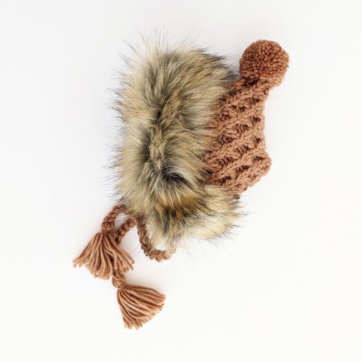 Pecan Fur Pom Bonnet - Newborn