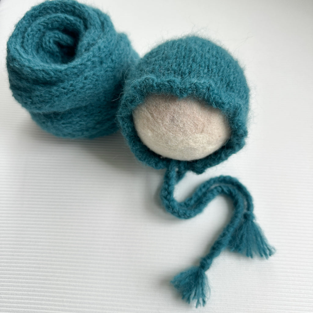 Dusky Teal Fuzzy Bonnet & Wrap Set – 65"+