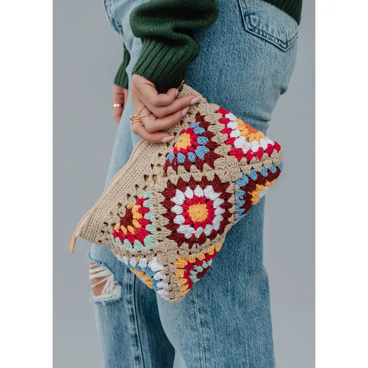 Vintage Crochet Granny Square Clutch — Handmade Boho Bag