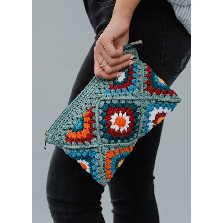Vintage Crochet Granny Square Clutch — Handmade Boho Bag